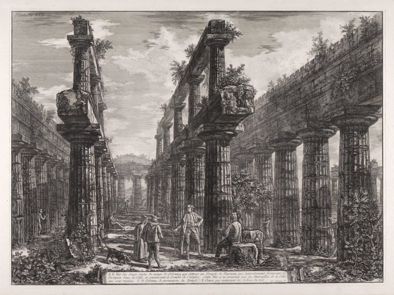 A., B. Vista dos restos das duas filas de colunas que se encontravam no Templo de Neptuno, que lateralmente formavam os pórticos na cella e sustentavam a cobertura do edifício ... de Giovanni Battista Piranesi