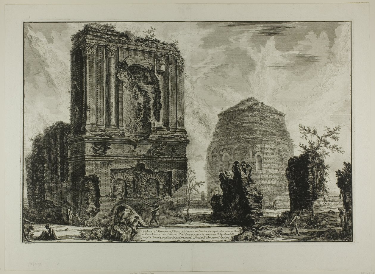 A. Vista do Túmulo de Licinianus Piso na antiga Via Ápia... B. Túmulo dos Cornélios..., de Vistas de Roma de Giovanni Battista Piranesi