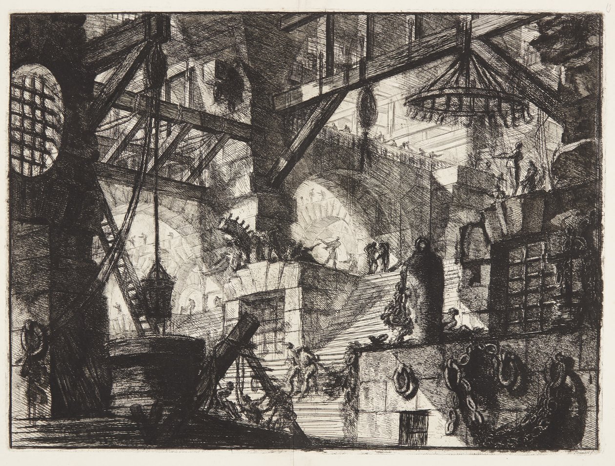 Uma janela grelhada e rústica é colocada no meio de um lance de escadas com grupos de correntes pesadas à direita de Giovanni Battista Piranesi