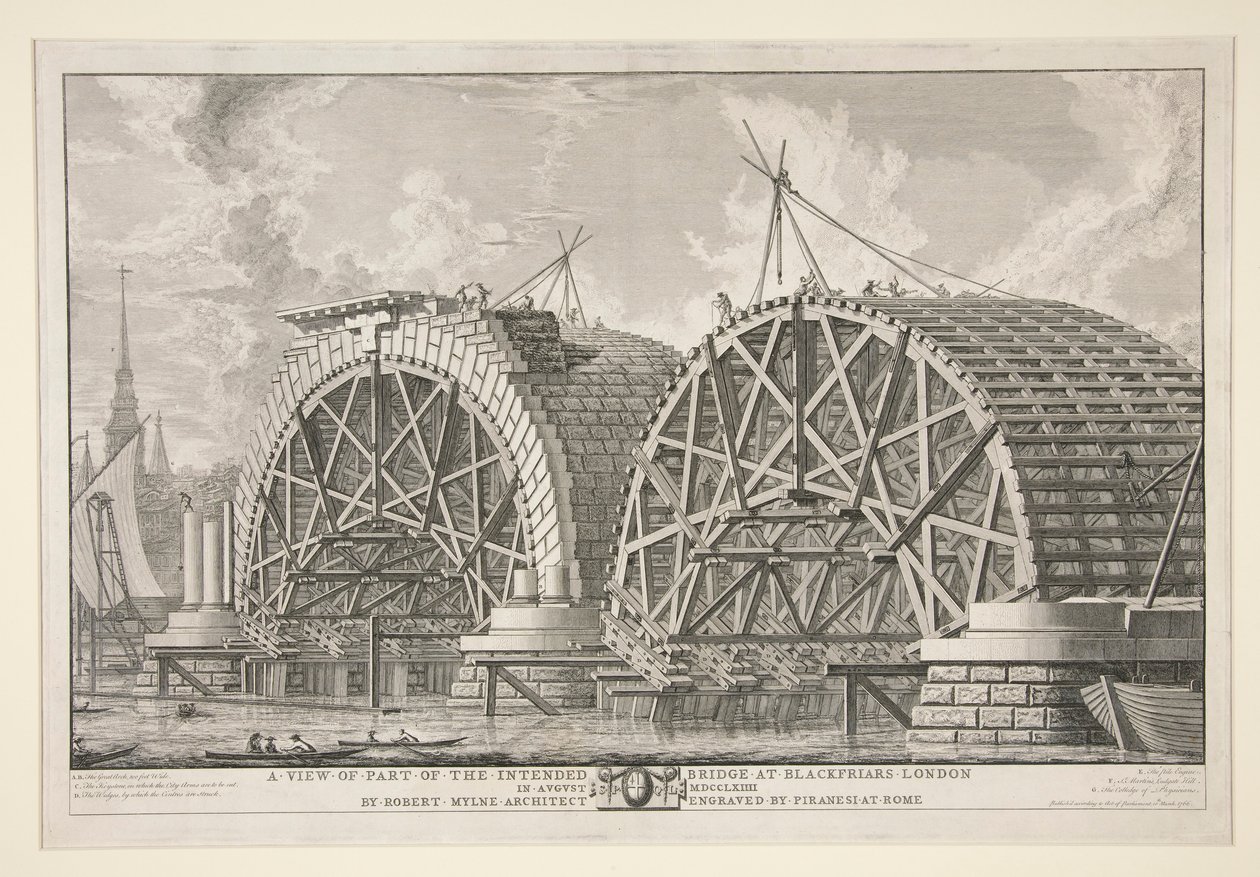Uma vista de parte da ponte prevista em Blackfriars, Londres, em Agosto MDCCLXIIII por Robert Mylne, Arquitecto, gravada por Piranesi em Roma de Giovanni Battista Piranesi