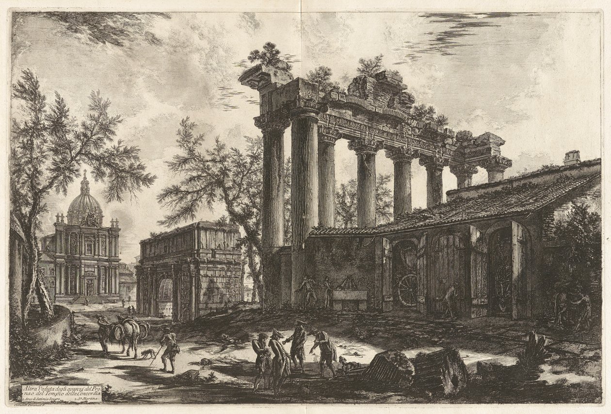 Altra Veduta degli avanzi del Pronao del Tempio del Concordia (Outra vista dos restos mortais do Pronaos do Templo da Concórdia [o Templo de Saturno com o Arco de Septímio Severo no fundo esquerdo]), de Vedute di Roma (Vistas de Roma) de Giovanni Battista Piranesi