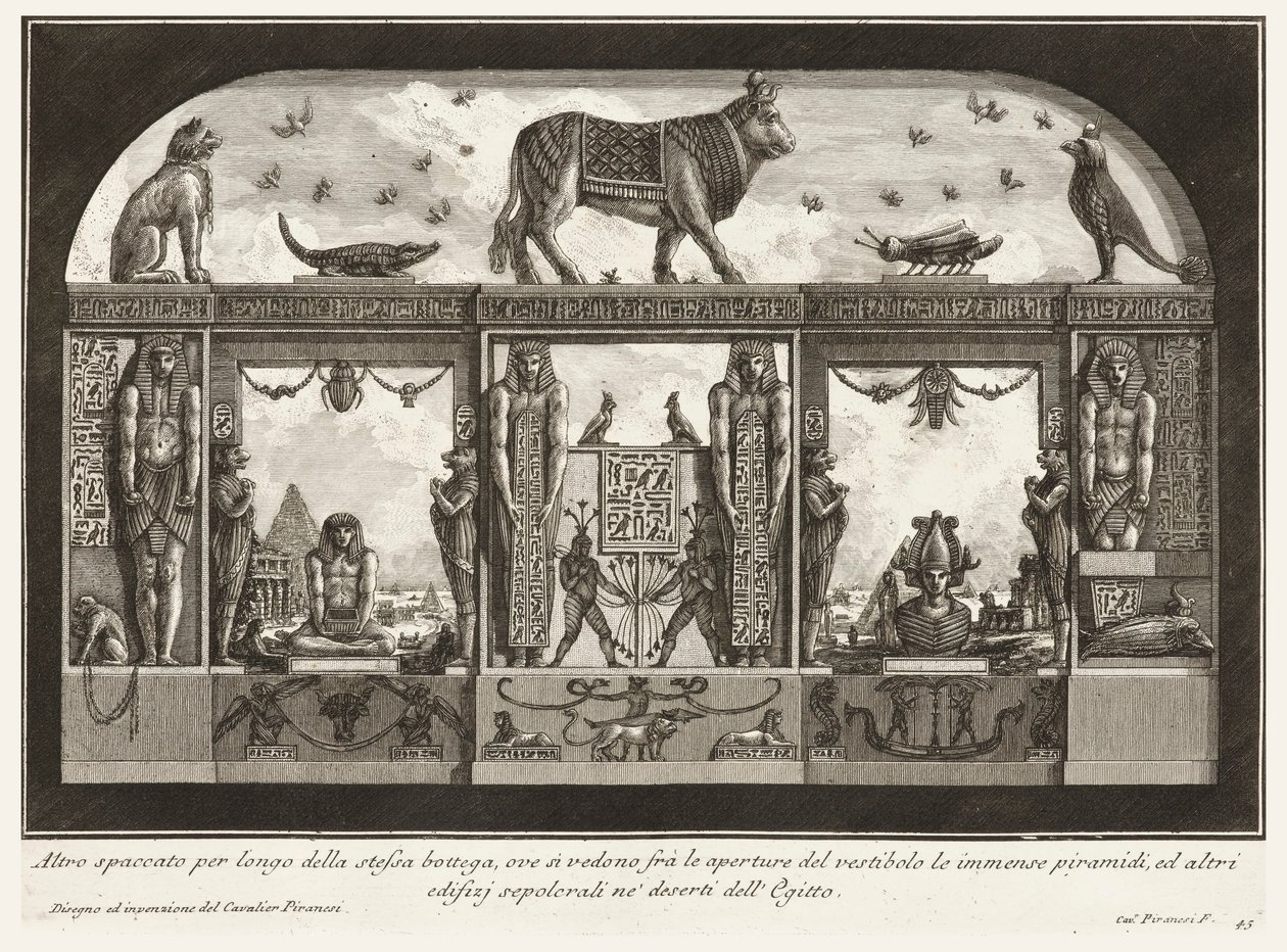 Outro corte transversal da mesma oficina, onde a imensa pirâmide pode ser vista entre as aberturas do vestíbulo, de modo diverso de adornar os caminhos de Giovanni Battista Piranesi