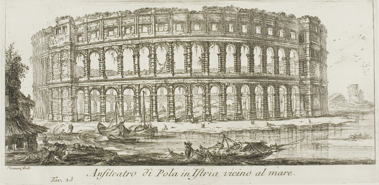 Anfiteatro de Pula na Ístria perto do mar, placa 23 de algumas vistas de arcos do triunfo e outros monumentos de Giovanni Battista Piranesi
