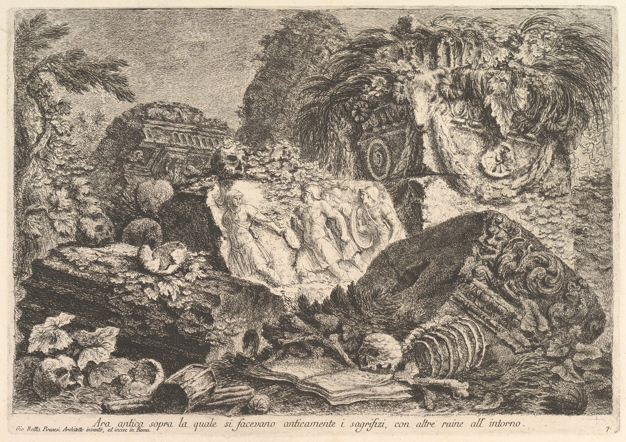 Altar antigo no qual sacrifícios eram realizados na antiguidade, cercados por outros rui ..., ca. 1750 de Giovanni Battista Piranesi