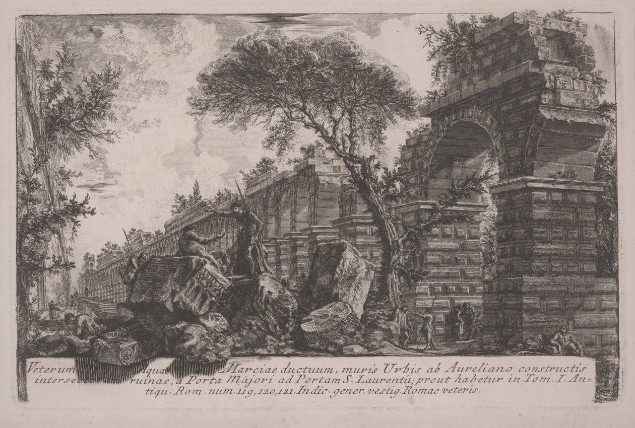 Antigo aqueduto da Acqua Marcia nas muralhas erguidas por Aureliano de Giovanni Battista Piranesi