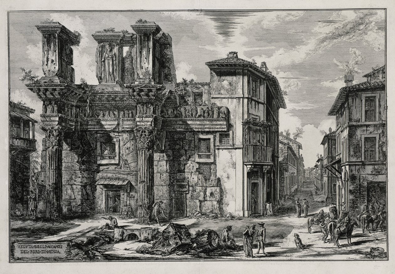 Vista dos vestígios do Fórum de Nerva em Roma (de: Vedute di Roma) de Giovanni Battista Piranesi
