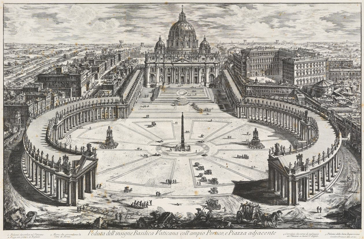 Vista da ilustre basílica vaticana com amplo pórtico e adro adjacente de Giovanni Battista Piranesi