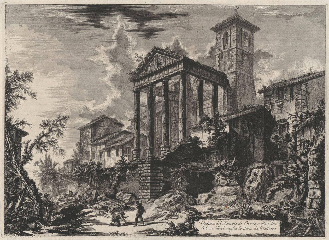 Vista do Templo de Hércules na cidade de Cora, a dez milhas de Velletri (de: Vedute di Roma) de Giovanni Battista Piranesi