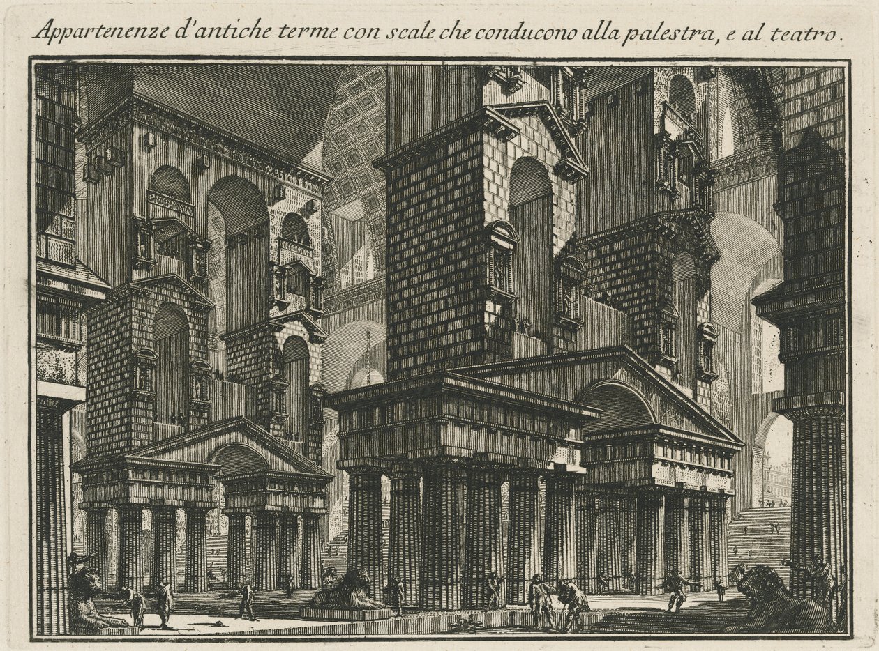 Pertences de banhos antigos com escadas que levam à palestar e ao teatro de Giovanni Battista Piranesi