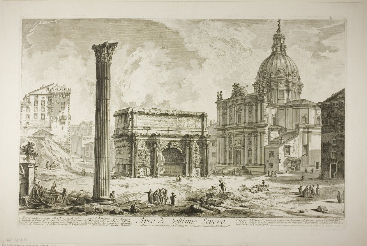 Arco de Septimius Severus pelo qual passou o antigo Caminho Sagrado, trazendo vencedores para o Capitólio, de Views of Rome de Giovanni Battista Piranesi