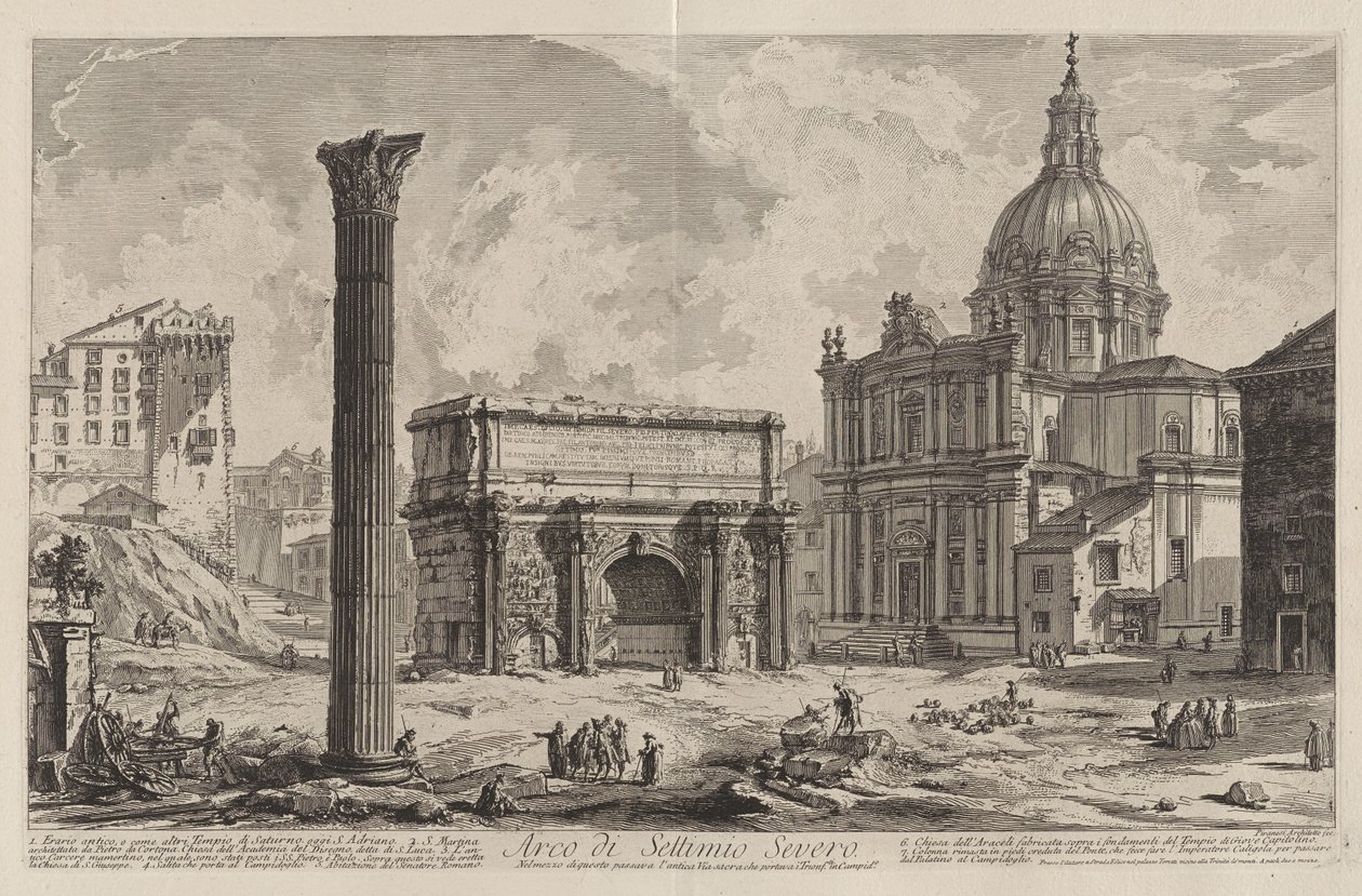 Arco de Septímio Severo. Pelo seu centro passava a antiga Via Sacra que levava os vencedores ao Capitólio (com a igreja dos Santos Martina e Luca) de Giovanni Battista Piranesi
