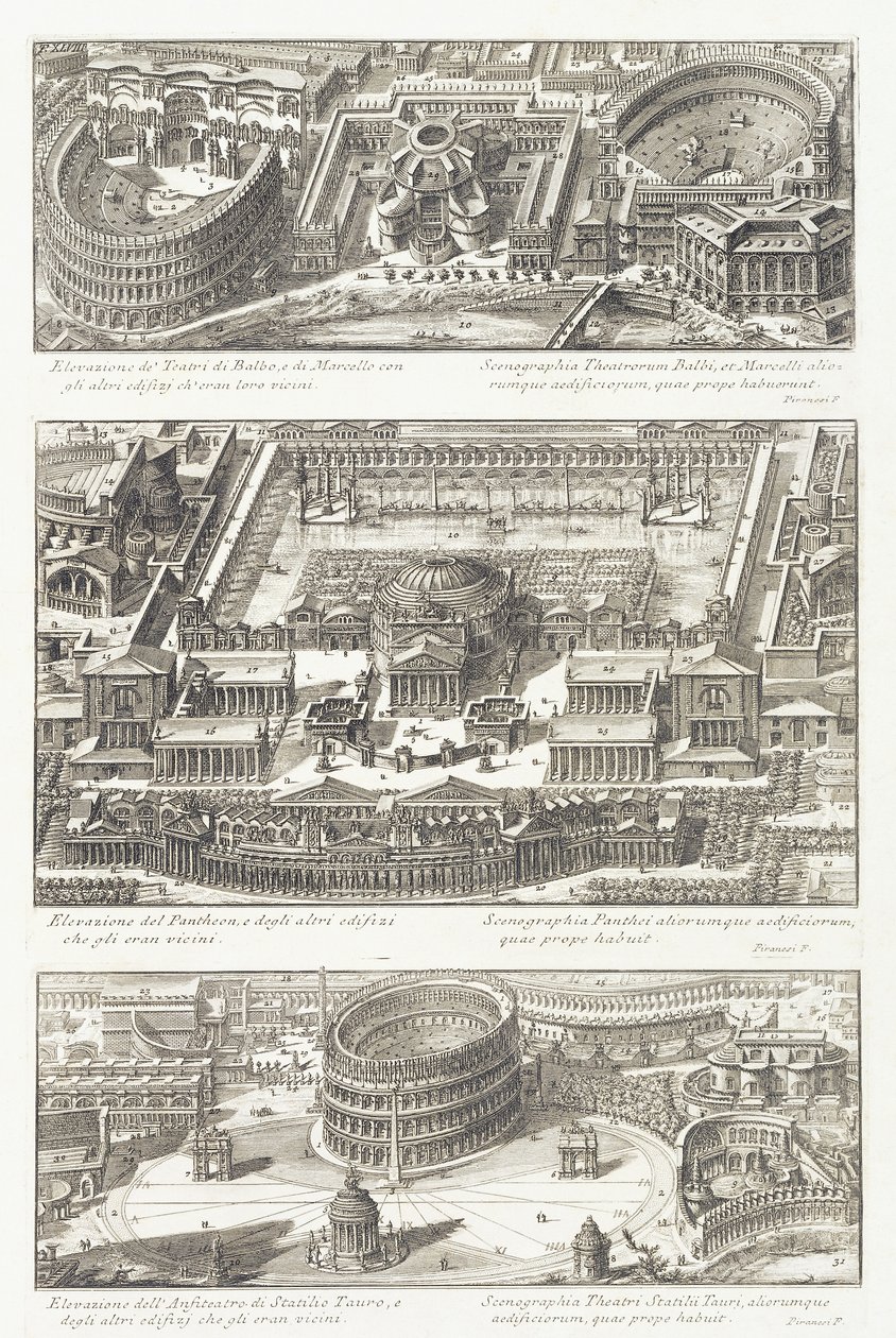 Vista aérea dos teatros Balbo e Marcello, do Panteão e arredores e do anfiteatro Statilio Tauro de Giovanni Battista Piranesi