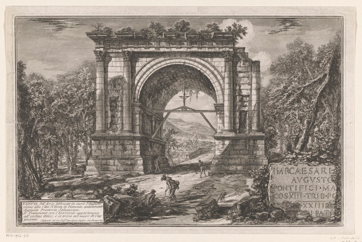 Boog van Augustus te Aosta
Vista do Arco construído em honra de Augusto perto da Cidade de Aosta no Piemonte, antiga Augusta Praetoria Salassorum (título sobre o objecto)
Enige gezichten op door Romeinen gebouwde triomfbogen en andere monumenten (serie g de Giovanni Battista Piranesi