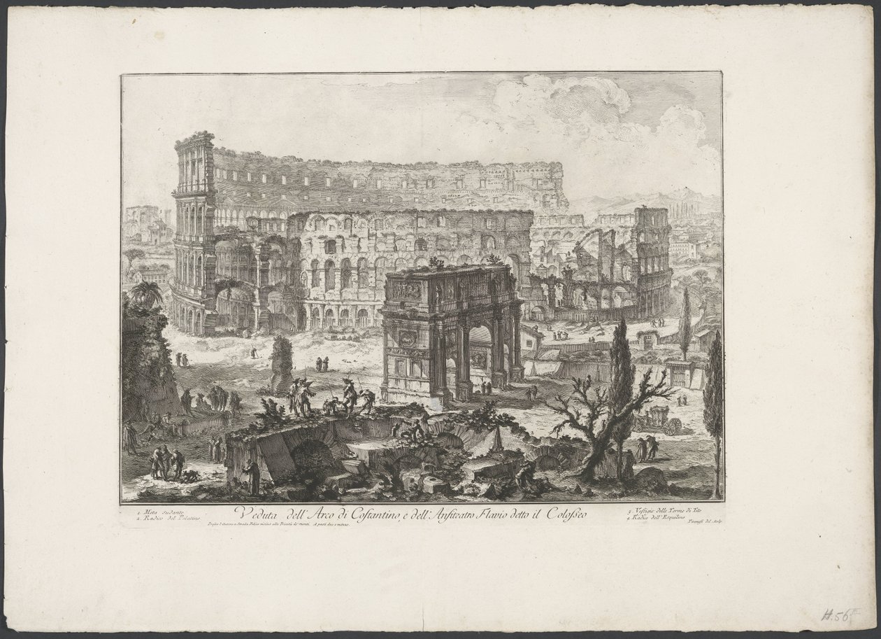 Boog van Constantijn no Coliseu de Roma Vista do Arco de Constantino e do Anfiteatro Flaviano conhecido como Coliseu (título no objeto) Gezichten op Rome (título da série) Vistas de Roma projetadas e gravadas pelo arquiteto Giambattista Piranesi Ve (nez) i de Giovanni Battista Piranesi