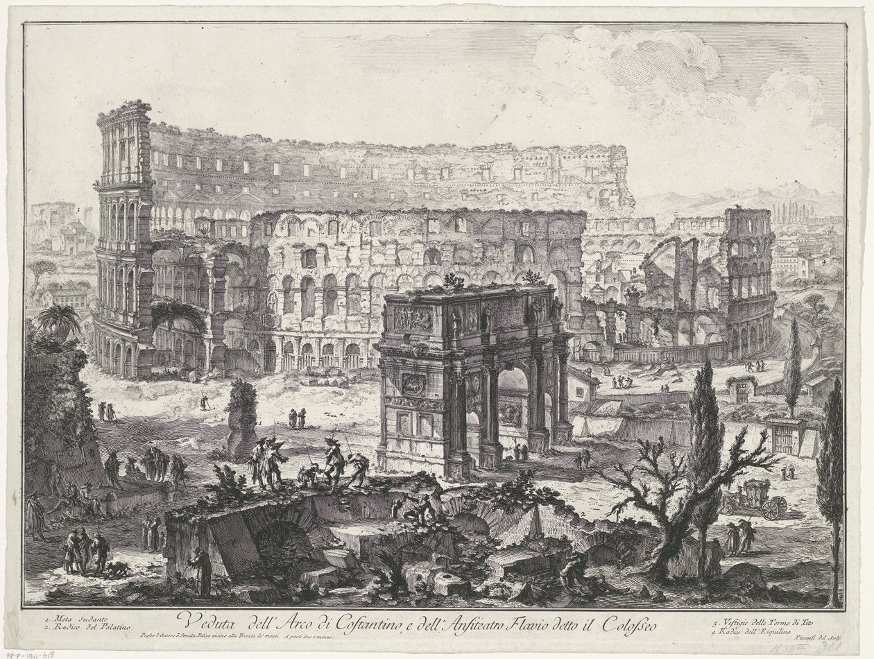Boog van Constantijn no Coliseu de Roma Vista do Arco de Constantino e do Anfiteatro Flaviano conhecido como Coliseu (título no objeto) Gezichten op Rome (título da série) Vistas de Roma projetadas e gravadas pelo arquiteto Giambattista Piranesi Ve (nez) i de Giovanni Battista Piranesi