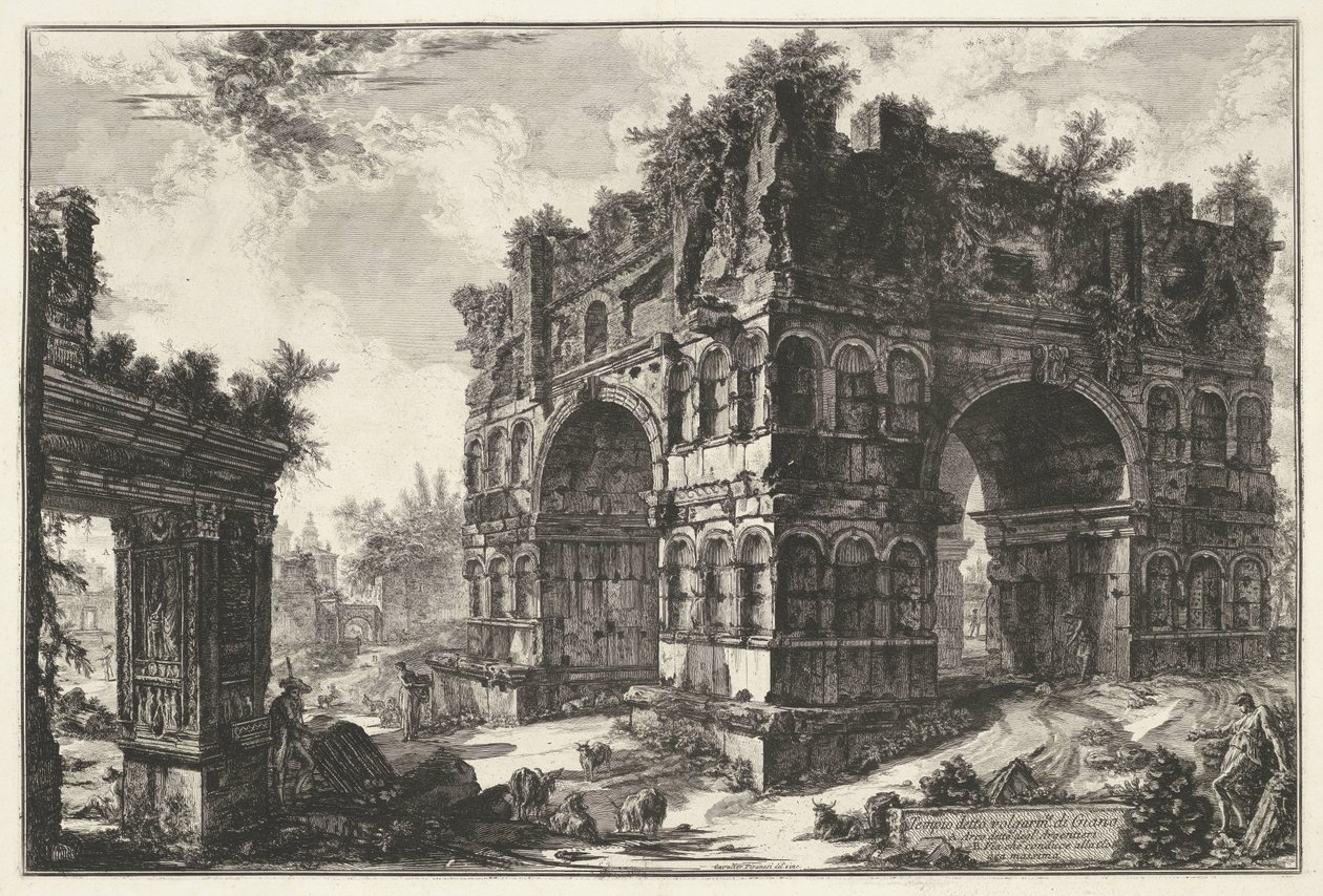 Boog van Janus em de Boog van de geldwisselaars em Roma Templo chamado volgarm.te di Giano (título no objeto) Gezichten op Rome (título da série) Vistas de Roma projetadas e gravadas pelo arquiteto Giambattista Piranesi Ve (nez) iano (título da série) de Giovanni Battista Piranesi
