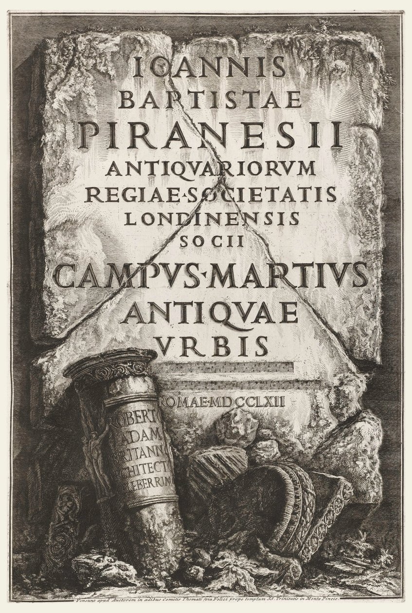 Livro, Frontispício, com dedicatória a Robert Adam, em O Campo Marzio da Roma Antiga de Giovanni Battista Piranesi