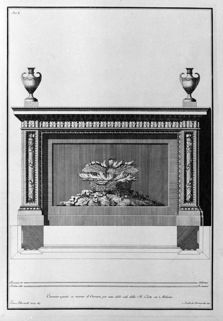 Lareira de mármore Carrara projecto para uma sala de estar milanesa. Desenho de Giovanni Piranesi (conhecido como Piranese) (1720-1778). de Giovanni Battista Piranesi