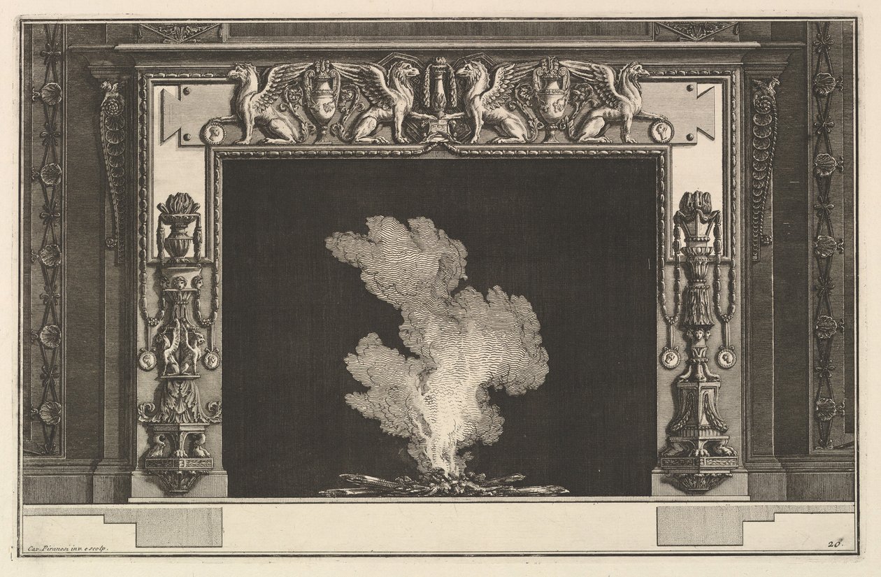 Peça da chaminé: grifos afrontados no lintel e candelabros nos batentes. acomoda ..., ca. 1769 de Giovanni Battista Piranesi