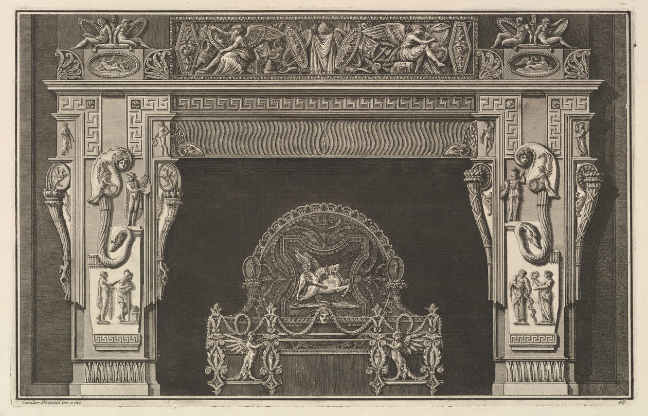 Chaminé: Friso de troféus e vitórias aladas no lintel, com cornucopias ..., ca. 1769 de Giovanni Battista Piranesi