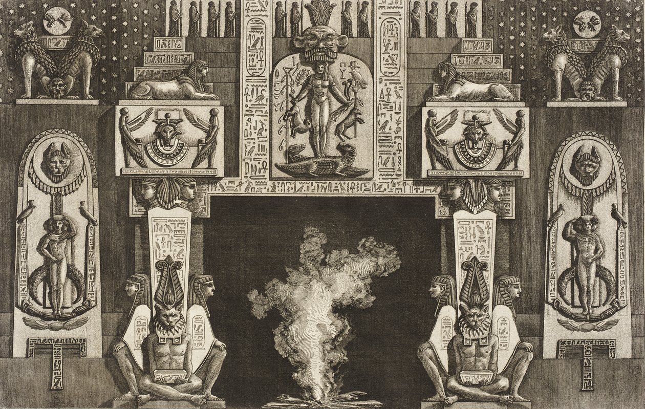 Lareira em estilo egípcio: grupos de três figuras agachadas em cada ombreira de Giovanni Battista Piranesi