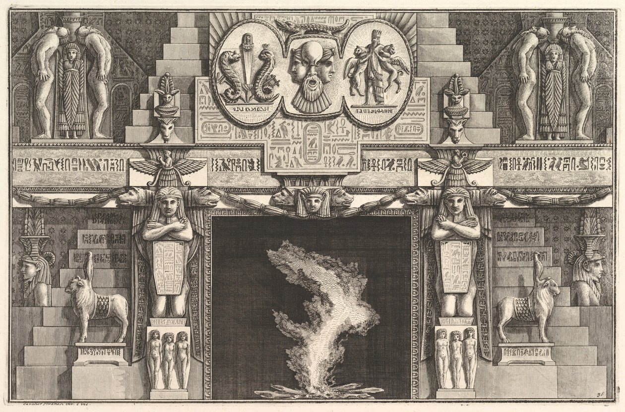 Chaminé no estilo egípcio: Grupos de três nus femininos na base de cada j ..., ca. 1769 de Giovanni Battista Piranesi