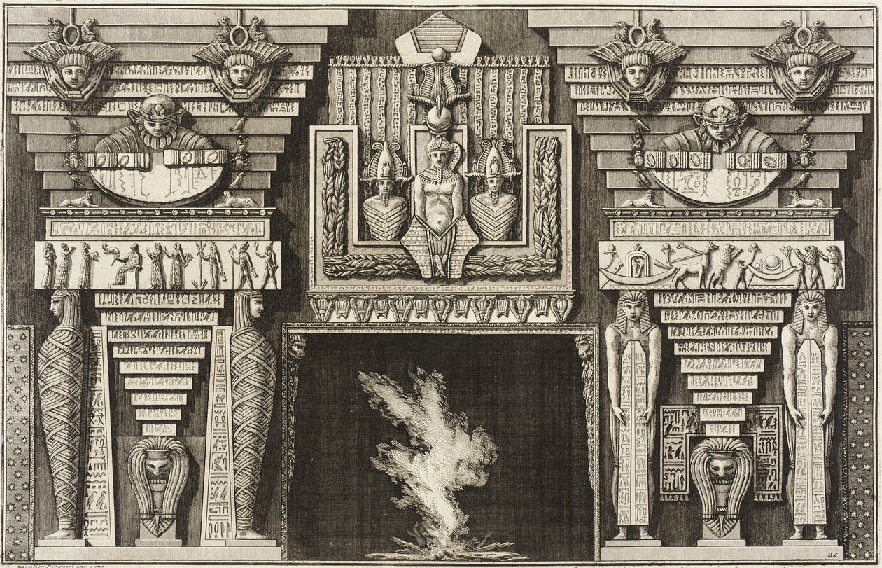 Lareira em estilo egípcio: duas múmias de perfil à esquerda e duas figuras que transportam obeliscos à direita. de Giovanni Battista Piranesi