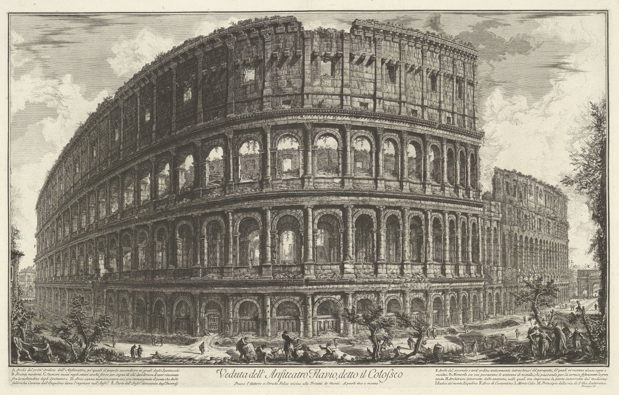 Coliseu de Roma Vista do Anfiteatro Flaviano, conhecido como Coliseu (título no objeto) Gezichten op Rome (título da série) Vistas de Roma projetadas e gravadas pelo arquiteto Giambattista Piranesi Ve (nez) iano (título da série) de Giovanni Battista Piranesi