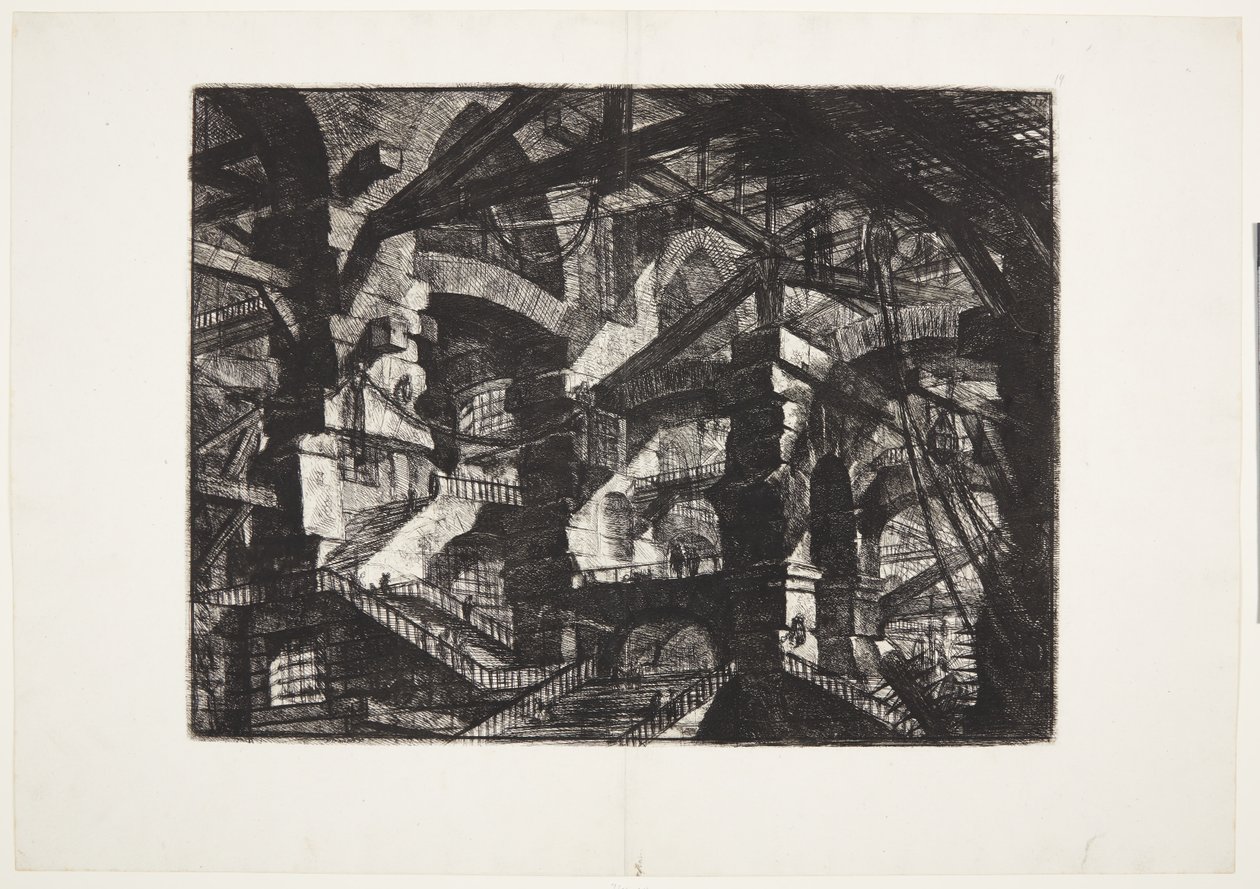 Grupos complexos de arcos arruinados inter-relacionados que sustentam vigas e cordas de Giovanni Battista Piranesi
