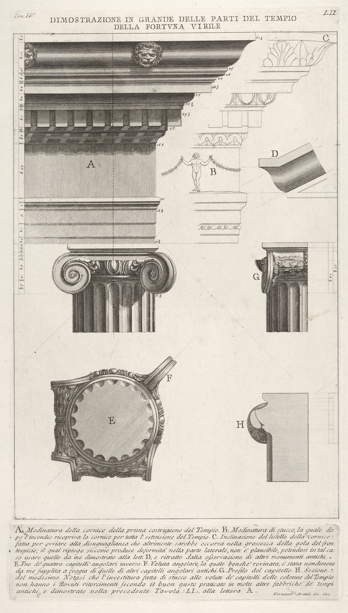 Cornija e coluna do Templo de Fortuna Virilis Tempio della Fortuna Viril, de ..., 1756. de Giovanni Battista Piranesi