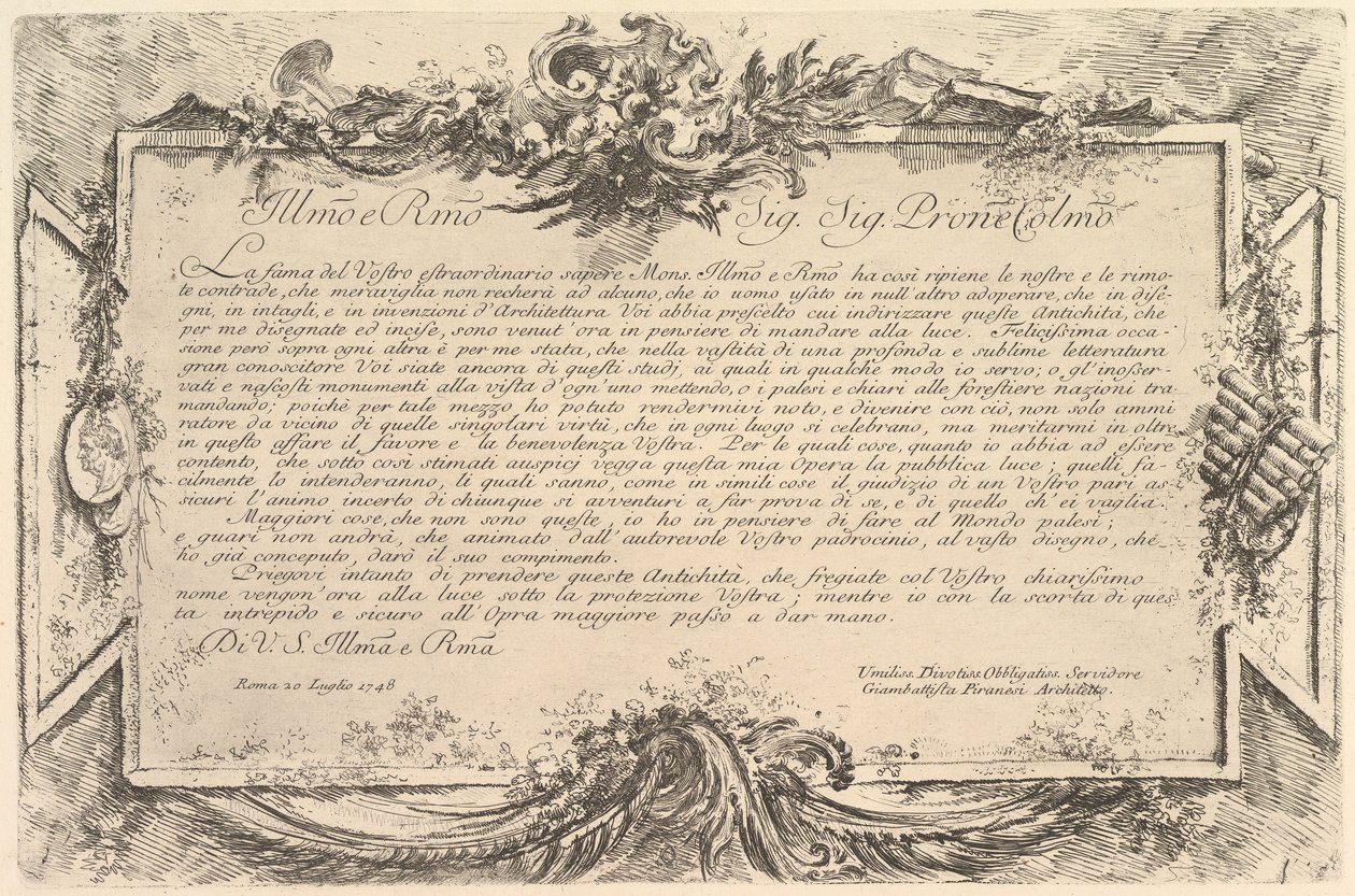 Dedicatória a Giovanni Bottari Dedicatória a Bottari, ca. 1748. de Giovanni Battista Piranesi