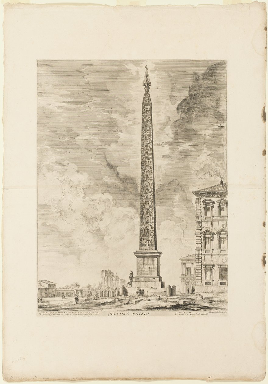 Obelisco egípcio. Este foi erguido pelo Papa Sisto V na Praça de São João de Latrão, de Vistas de Roma de Giovanni Battista Piranesi