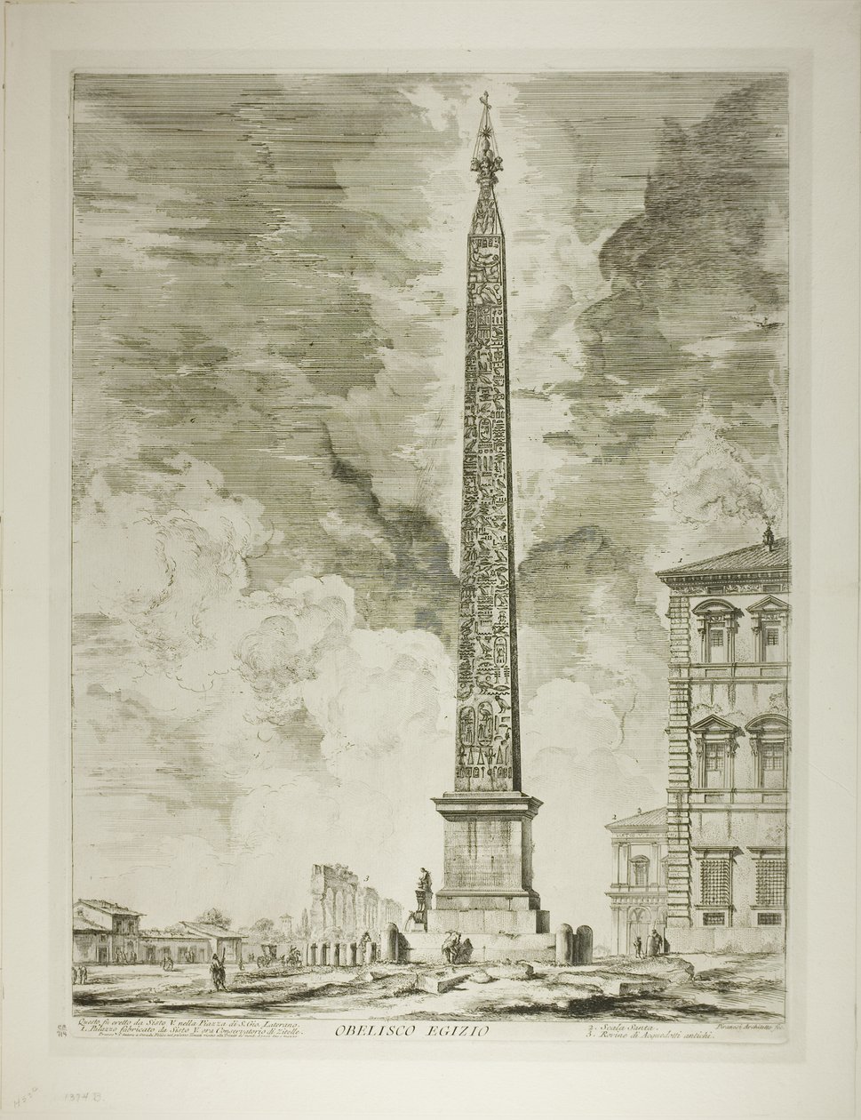 Obelisco egípcio. Este foi erguido pelo Papa Sisto V na Praça de São João de Latrão, de Vistas de Roma de Giovanni Battista Piranesi