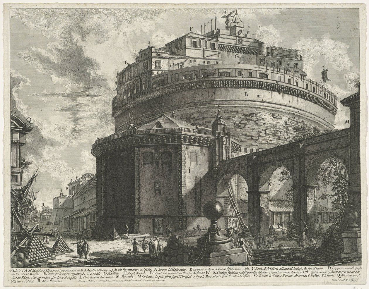 Engelenburcht te Roma
Vista do Mausoléu de Helios Hadrian (agora chamado Castello S. Angelo) em frente à Fachada dentro do Castelo (título sobre o objecto)
Gezichten op Rome (título da série)
Vistas de Roma desenhadas e gravadas por Giambattista Piranes de Giovanni Battista Piranesi