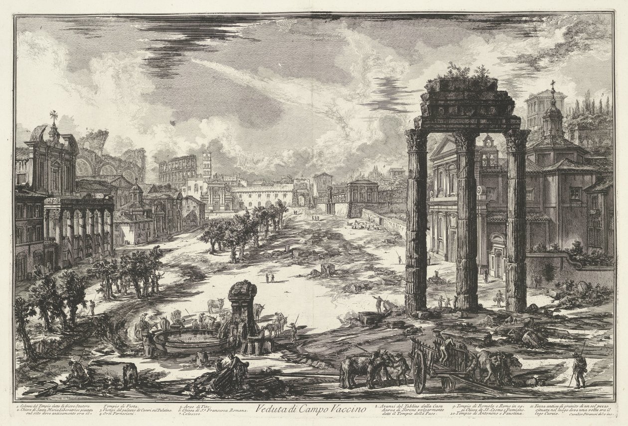 Forum Romanum te Rome
Vista do Campo Vaccino (título sobre o objecto)
Gezichten op Rome (título da série)
Vistas de Roma desenhadas e gravadas pelo arquitecto Giambattista Piranesi Ve(nez)iano (título da série) de Giovanni Battista Piranesi