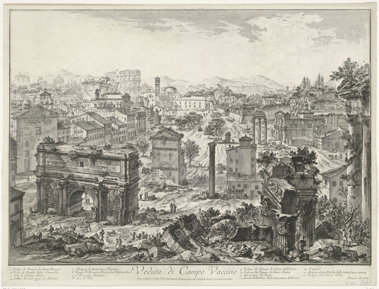 Forum Romanum te Rome
Vista do Campo Vaccino (título sobre o objecto)
Gezichten op Rome (título da série)
Vistas de Roma desenhadas e gravadas pelo arquitecto Giambattista Piranesi Ve(nez)iano (título da série) de Giovanni Battista Piranesi