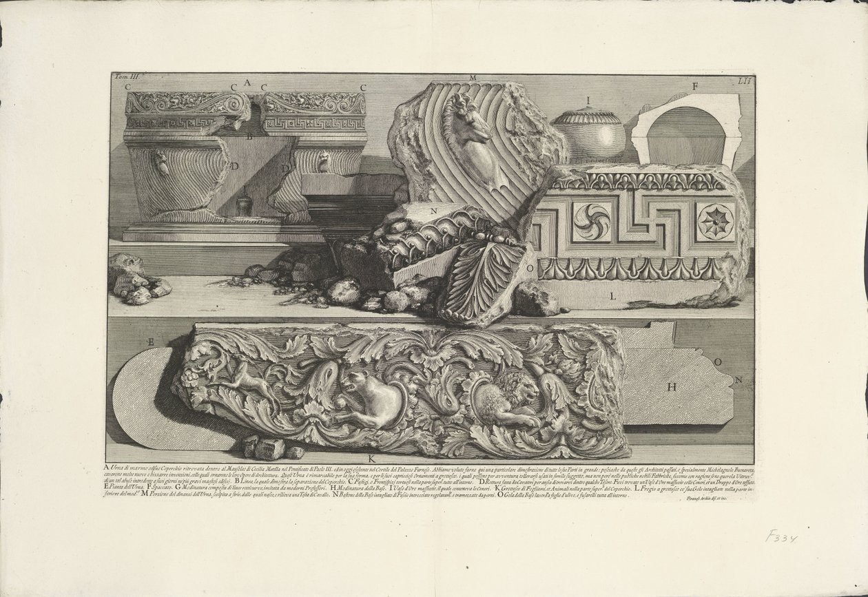 Fragmentos do túmulo de Caecilia Metella em Roma Achados arqueológicos dentro e ao redor de Roma (título da série) Le Antichita Romane (título da série) de Giovanni Battista Piranesi