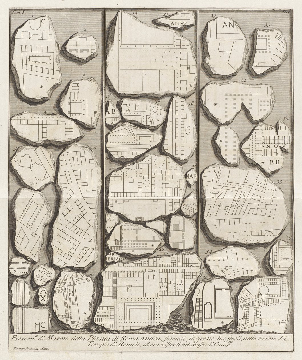 Fragmentos de mármore do plano da Roma antiga de Giovanni Battista Piranesi