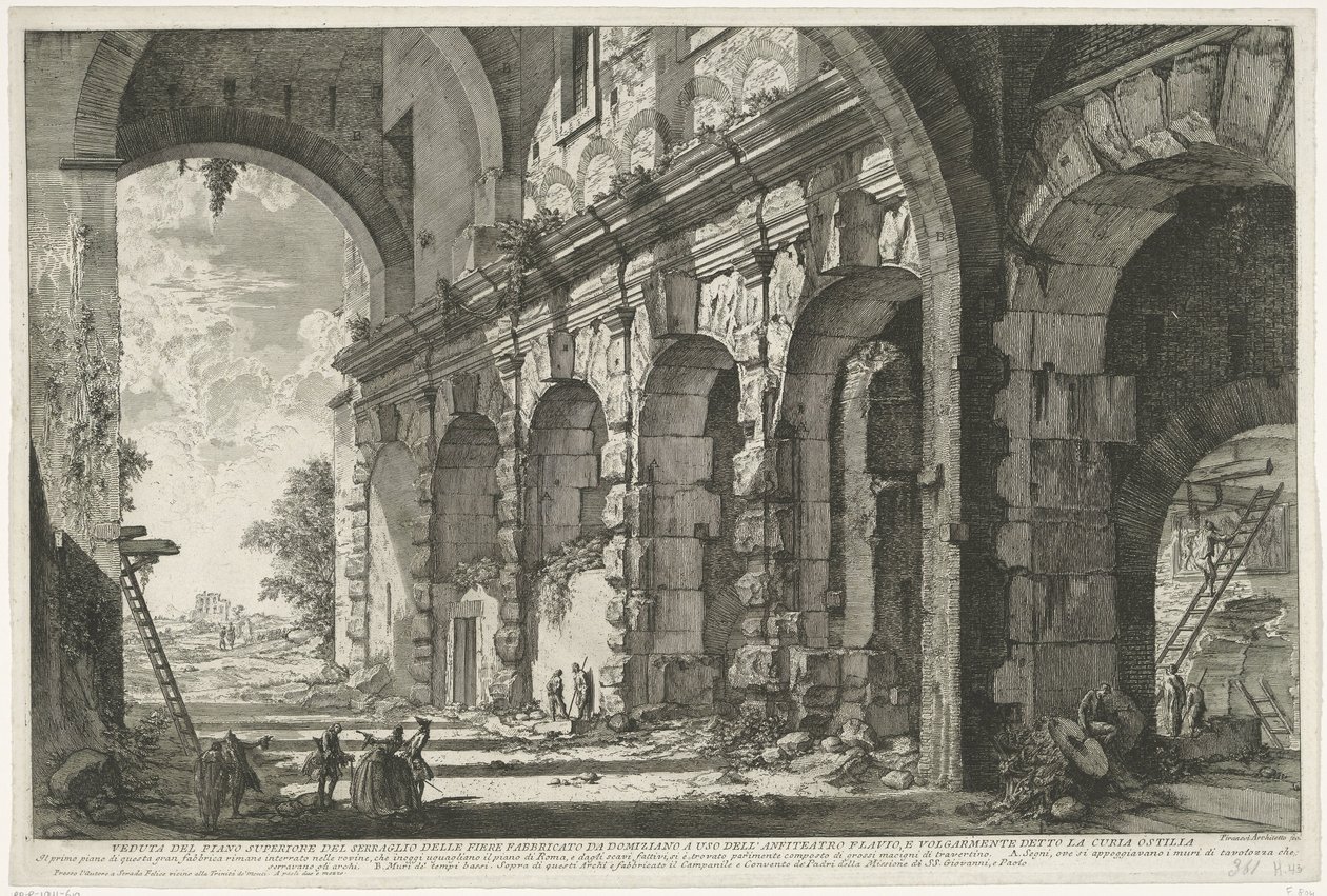 Financiamento de Santi Giovanni e Paolo te Rome Vista do andar superior do Serraglio delle Fiere construído por Domiciano para uso do Anfiteatro Flaviano e comumente conhecido como Curia Ostilia (título no objeto) Gezichten op Rome (título da série) Vistas de Giovanni Battista Piranesi