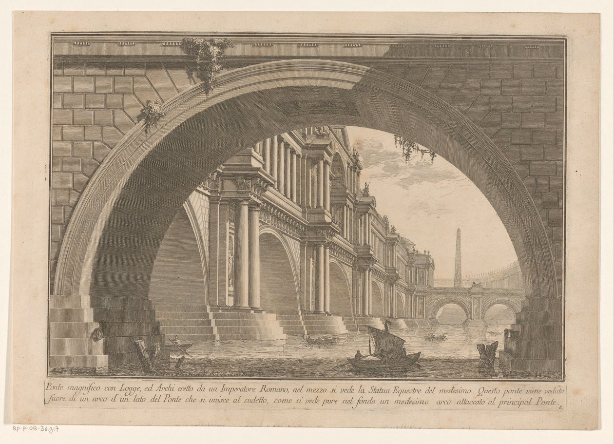 Vista de uma ponte com arcos e galerias Primeira parte de Arquitetura e Perspectivas (título da série) Prima parte di architetture e prospettive (título da série) de Giovanni Battista Piranesi