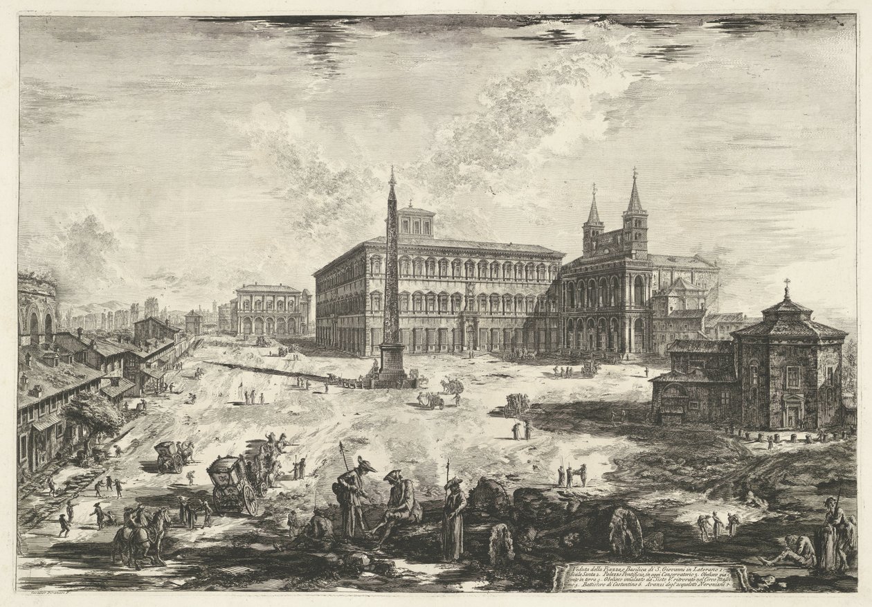 Gezicht op het Lateraan te Rome met de Sint-Jan van Lateranen
Veduta della Piazza, e Basilica di S. Giovanni in Laterano (título sobre o objecto)
Gezichten op Rome (título da série)
Vistas de Roma desenhadas e gravadas pelo arquitecto Giambattista Piran de Giovanni Battista Piranesi