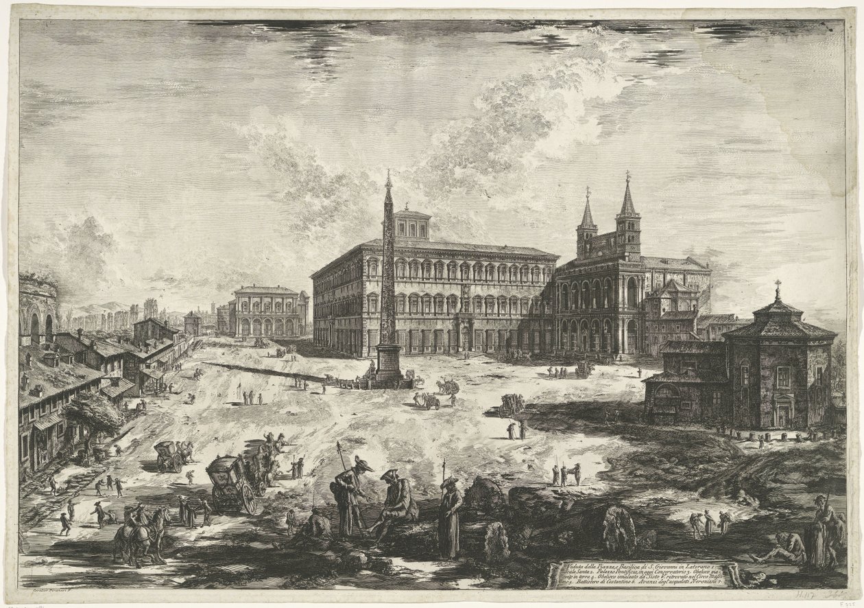 Gezicht op het Lateraan te Rome met de Sint-Jan van Lateranen Vista da Piazza e da Basílica de S. Giovanni in Laterano (título no objeto) Gezichten op Rome (título da série) Vistas de Roma projetadas e gravadas pelo arquiteto Giambattista Piranesi Ve (nez) de Giovanni Battista Piranesi