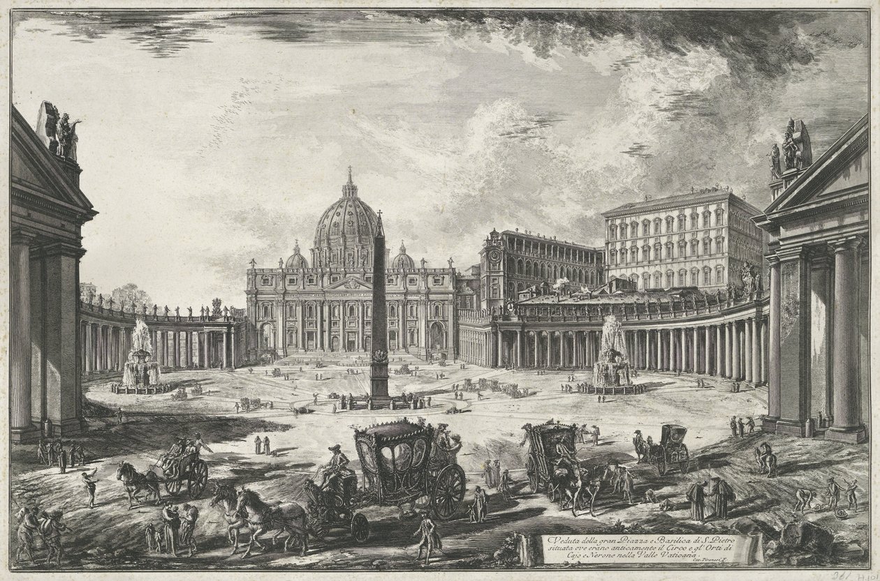 Vista da Praça de São Pedro com a Basílica de São Pedro na Cidade do Vaticano Veduta della gran Piazza e Basilica di S. Pietr (...) (título no objeto) Vistas de Roma (título da série) Vedute di Roma dissegnated ed incise da Giambattista Piranesi architetto de Giovanni Battista Piranesi
