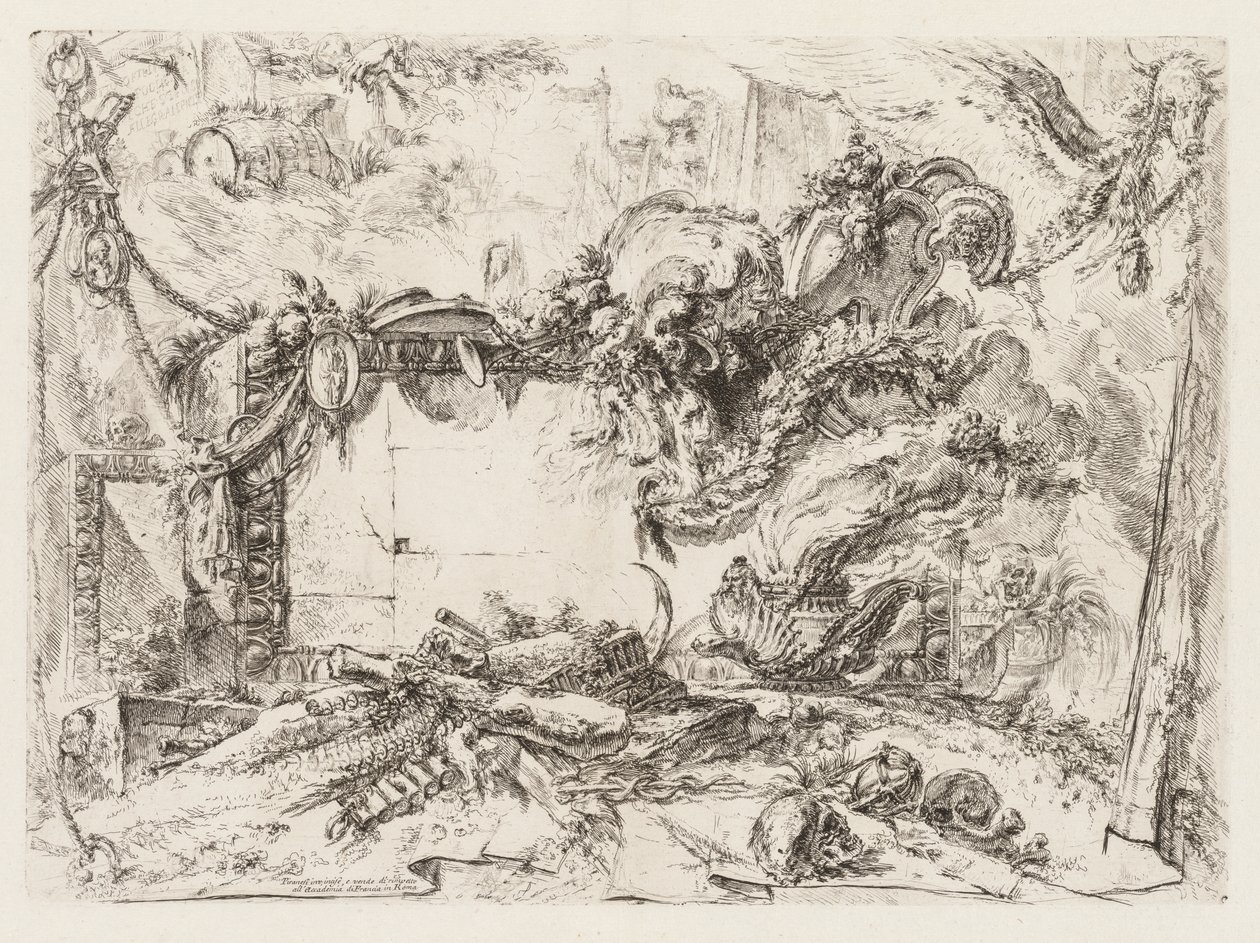 Groteschi: Ruínas com caveiras e um vaso fumegante de Giovanni Battista Piranesi