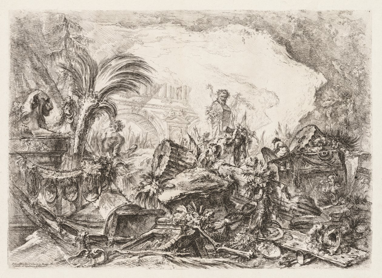Groteschi: Ruínas com uma estátua de um fauno e uma coluna caída de Giovanni Battista Piranesi