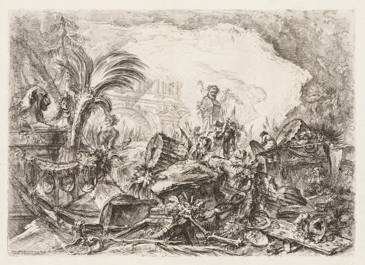 Groteschi: ruínas com uma estátua de um fauno e uma coluna caída, ca. 1745-50. de Giovanni Battista Piranesi