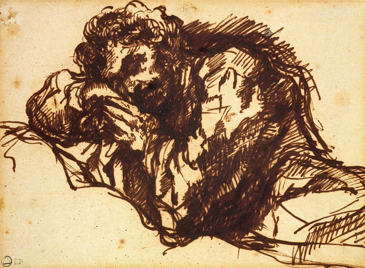 Meio comprimento, retrato, de, um, homem, curvatura, sobre, (caneta, e, tinta, ligado, paper) de Giovanni Battista Piranesi