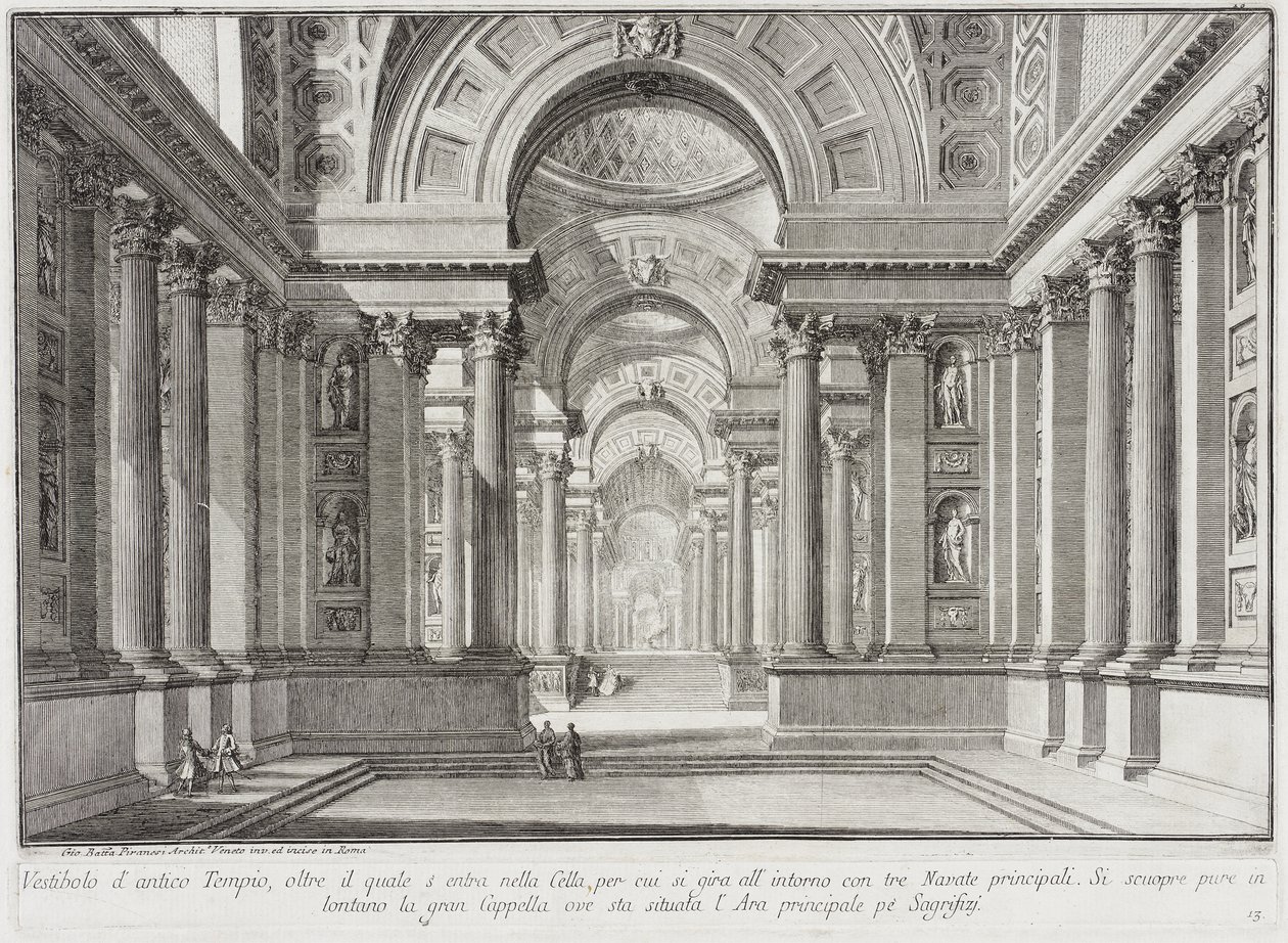 Templo antigo imaginário concebido ao estilo dos construídos em honra da deusa Vesta: ao centro encontra-se o grande altar no qual as vestais conservavam o inextinguível fogo sagrado... de Giovanni Battista Piranesi