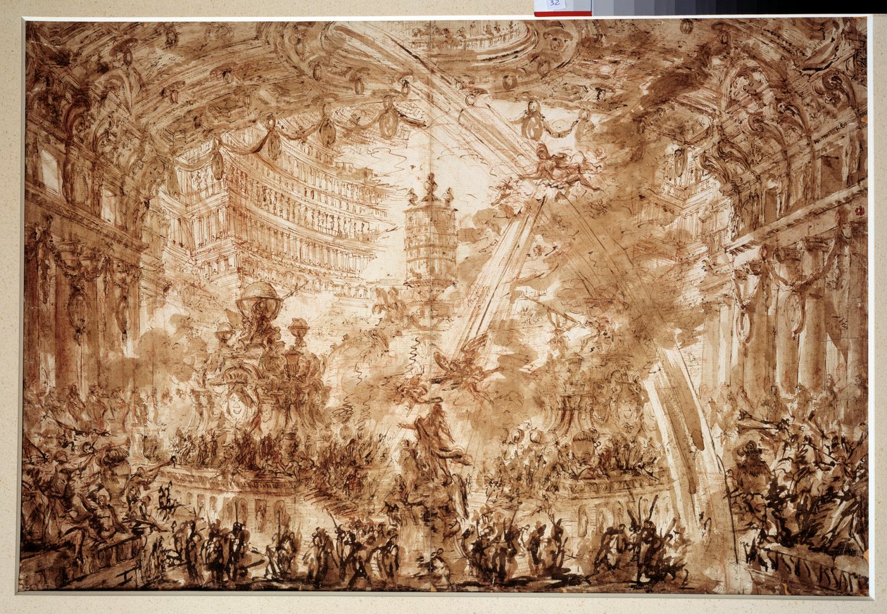 Dentro de um palácio: dois Flying Renames coroam uma personagem. Desenho de Giovanni Piranese (1720-1778) de Giovanni Battista Piranesi
