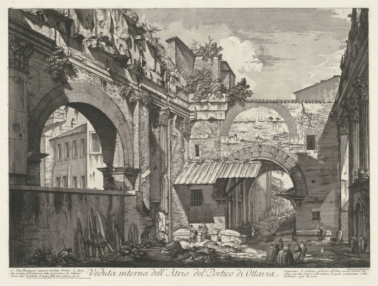 Interieur van de Porticus van Octavia te Rome
Vista interior do Átrio do Pórtico de Octavia (título sobre o objecto)
Gezichten op Rome (título da série)
Vistas de Roma desenhadas e gravadas pelo arquitecto Giambattista Piranesi Ve(nez)iano (título da sé de Giovanni Battista Piranesi